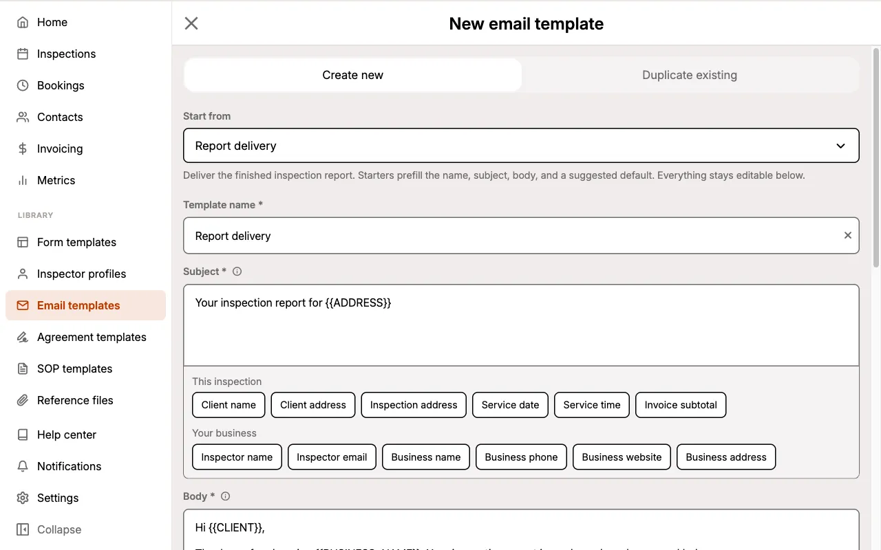 Email template editor filled in from the Report delivery starter.