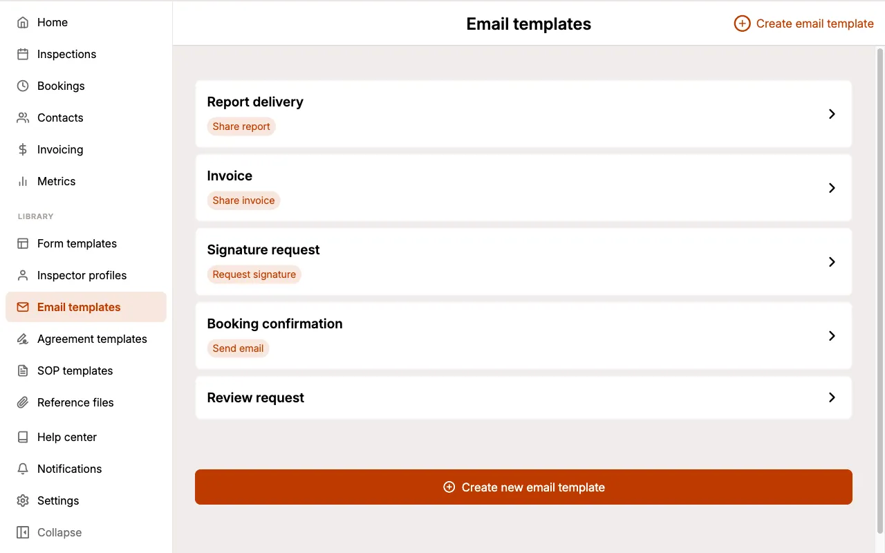 List of email templates with default badges.