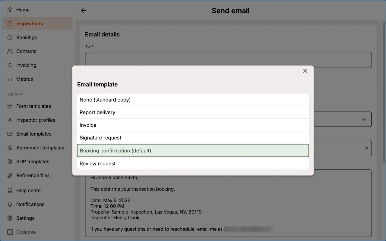 Email template menu listing the saved templates and the None standard copy option.