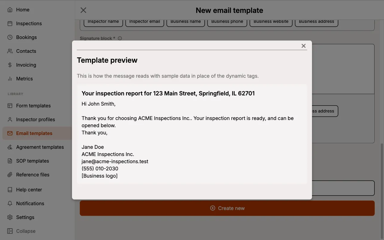 Template preview showing the message with sample data replacing the dynamic tags.