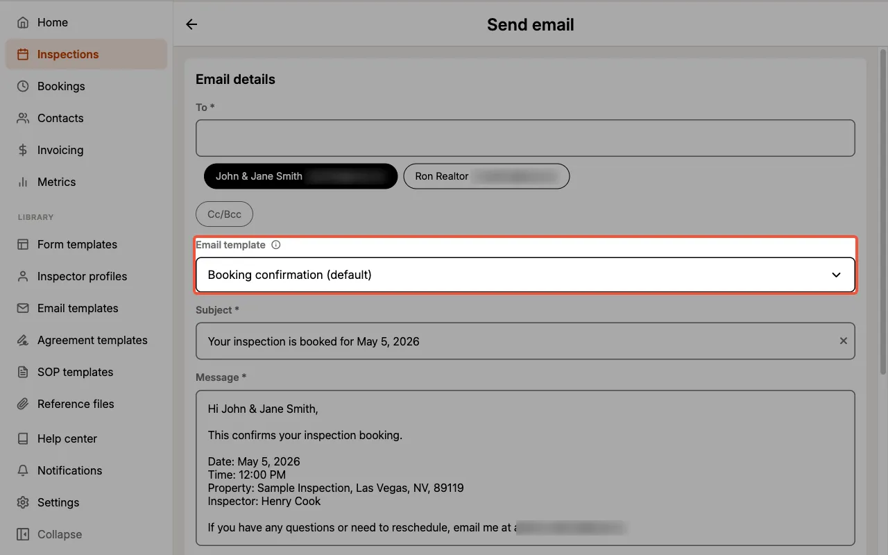 Send email composer on an inspection with a template applied and its tags filled in.