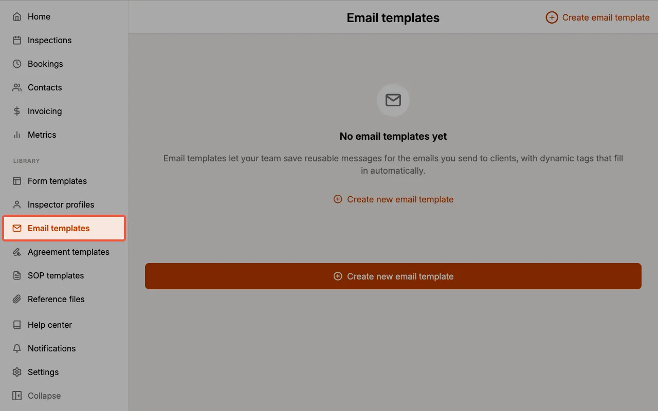 Email templates menu in sidebar.