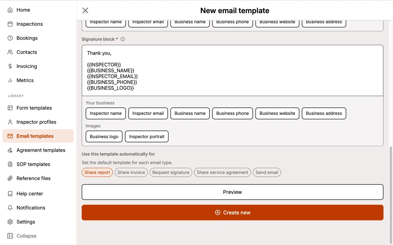 Signature block with its tag buttons and the email type selector below.