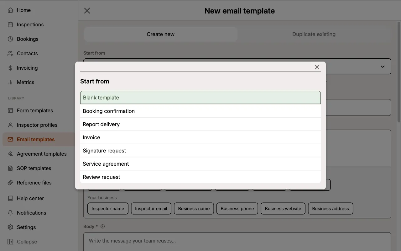 Start from menu showing the blank template and six starter templates.