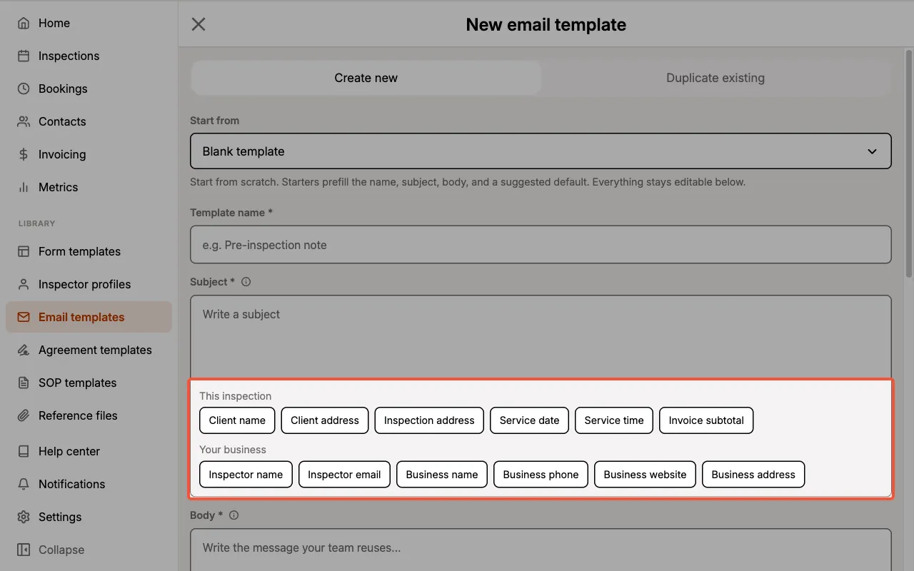 Dynamic tag buttons grouped under This inspection and Your business.