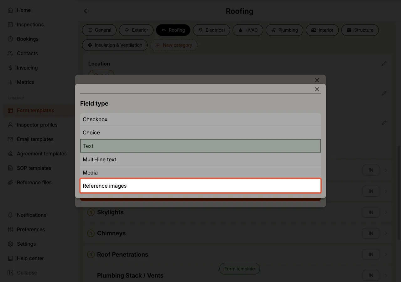 The Field type list showing Checkbox, Choice, Text, Multi-line text, Media, and Reference images, with Reference images highlighted.
