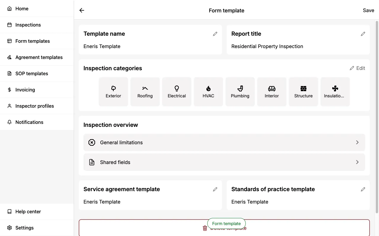 Form Template details page showing inspection categories.