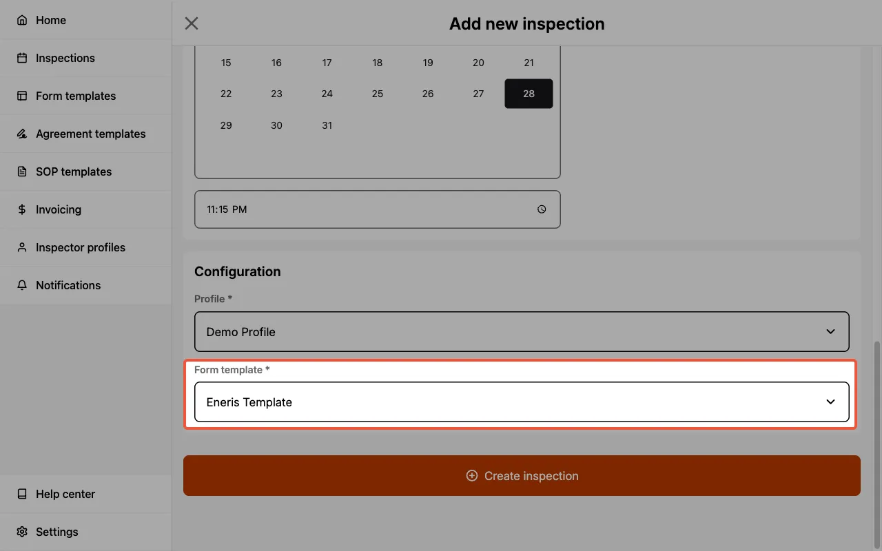 Select a Form Template when creating a new Inspection.