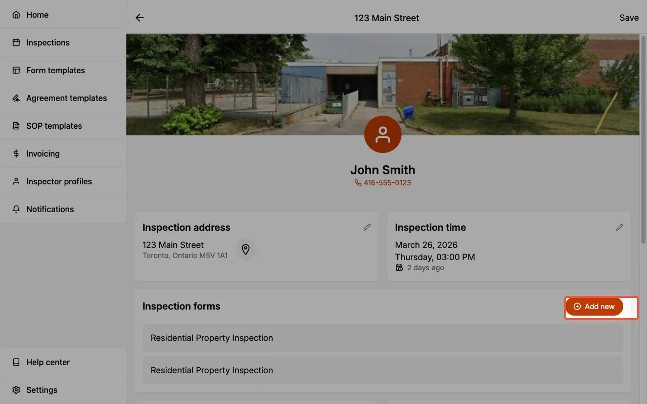 Inspection detail page showing the Add new button for adding Form Templates.