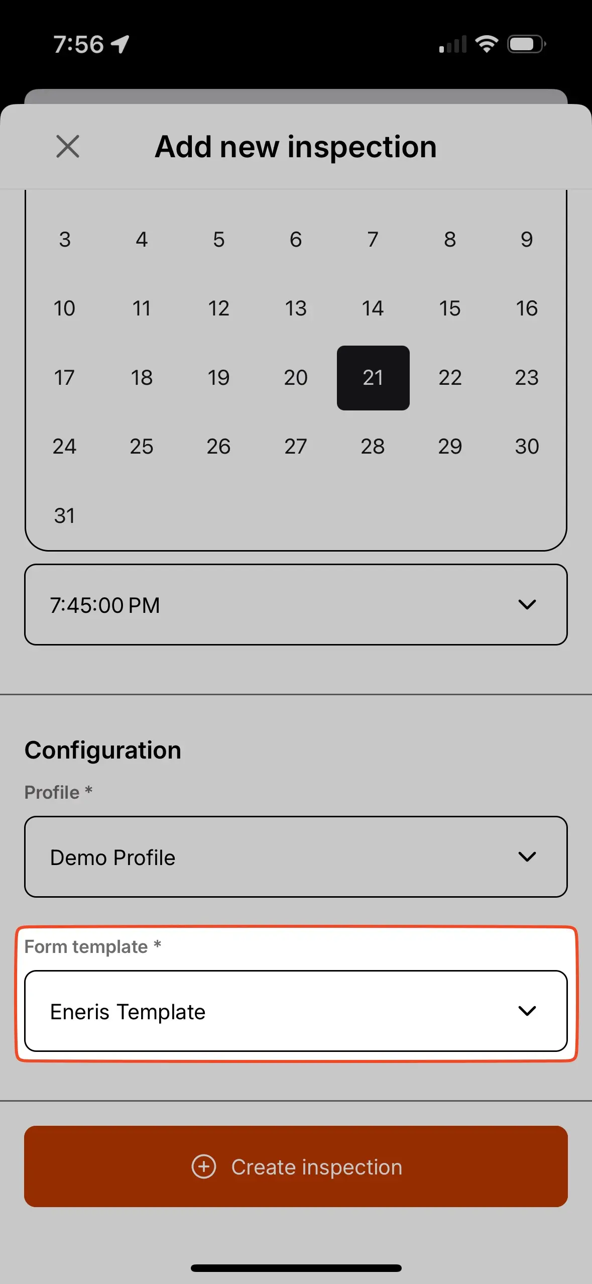 Add a Form Template when creating a new Inspection.