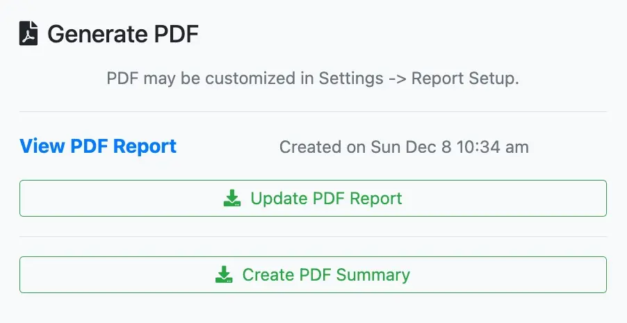 View PDF report button appears after generating a PDF report