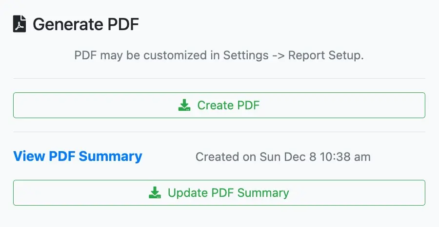 View PDF summary button appears after generating a PDF report