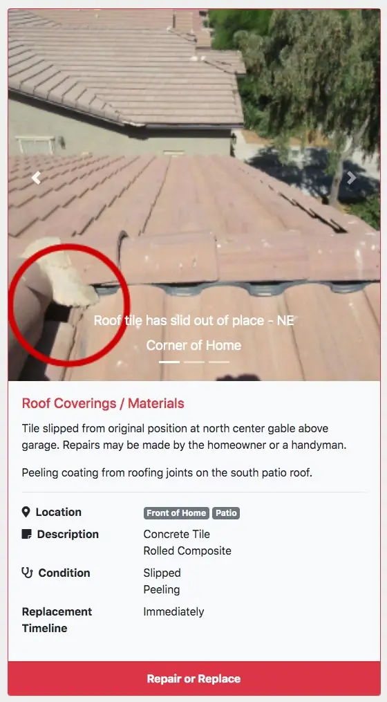 Example of how the Repair and Replace button shows up in the web report