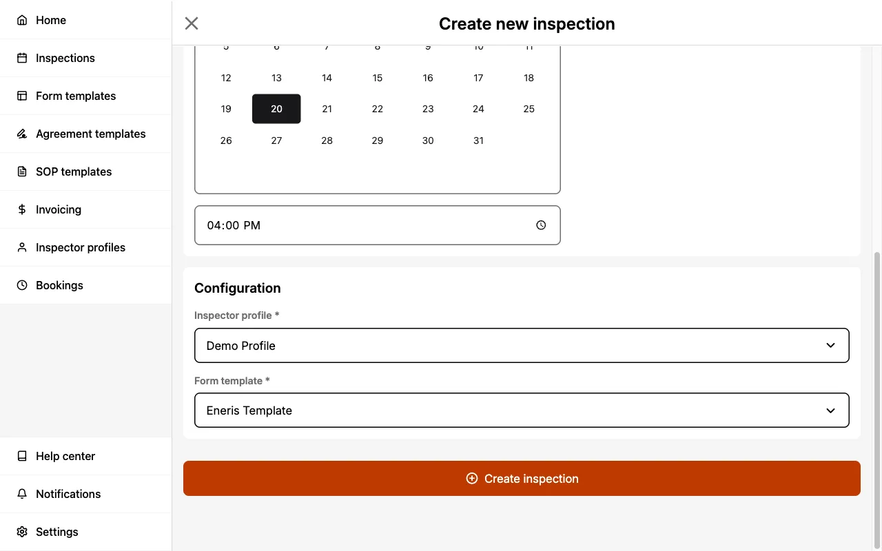 Selecting a Form Template when creating a new inspection..