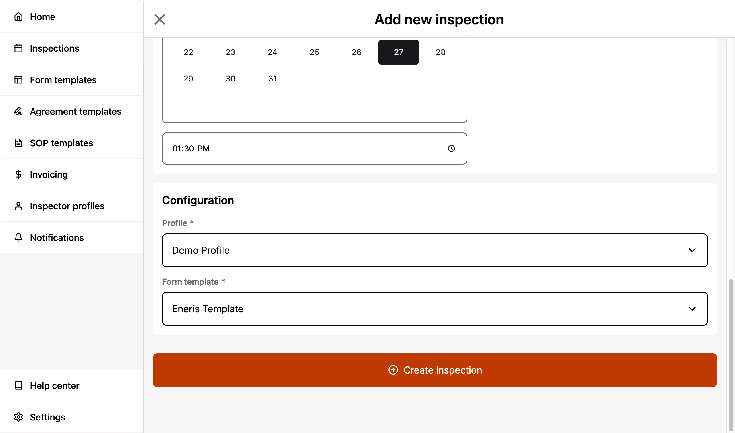 Selecting a Form Template when creating a new inspection..