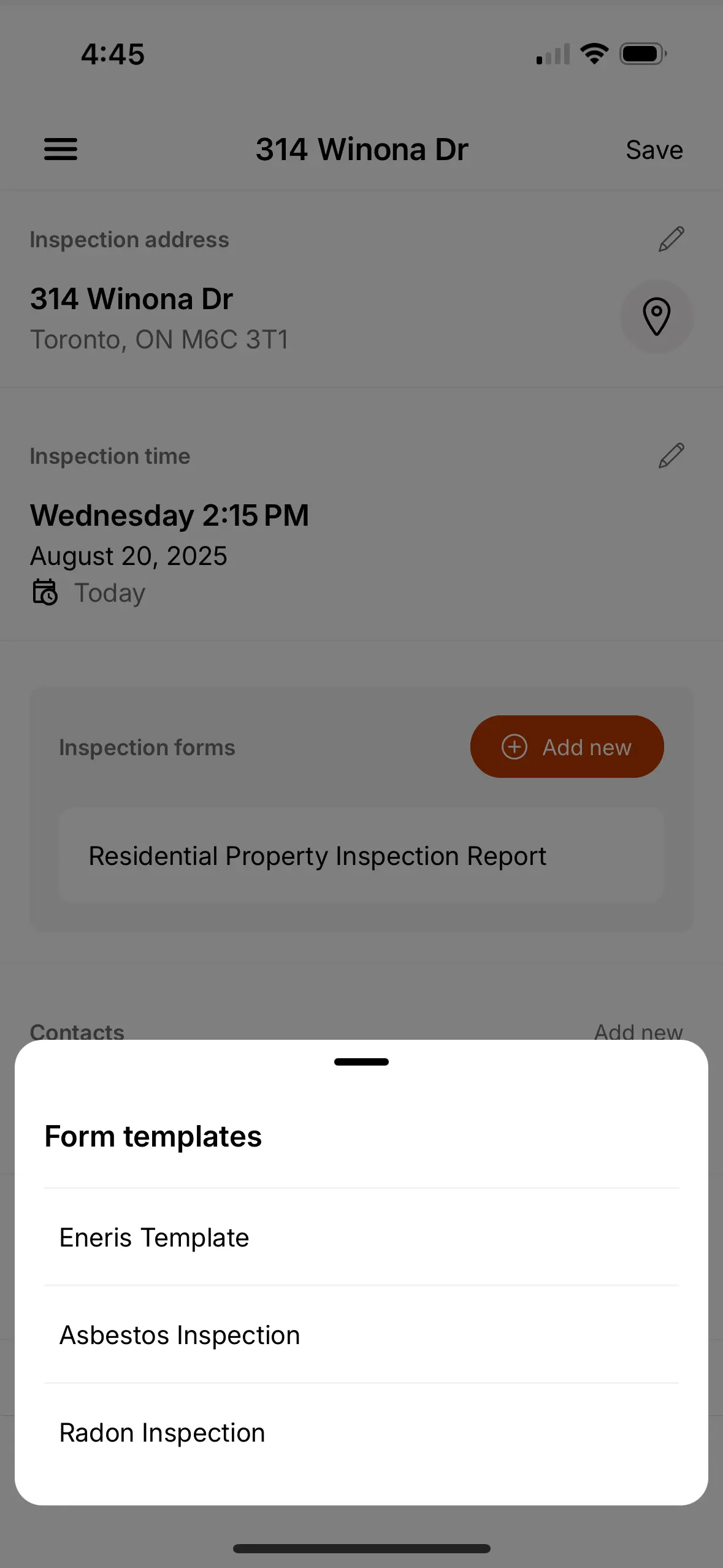 Selecting a Form Template when creating a new inspection..