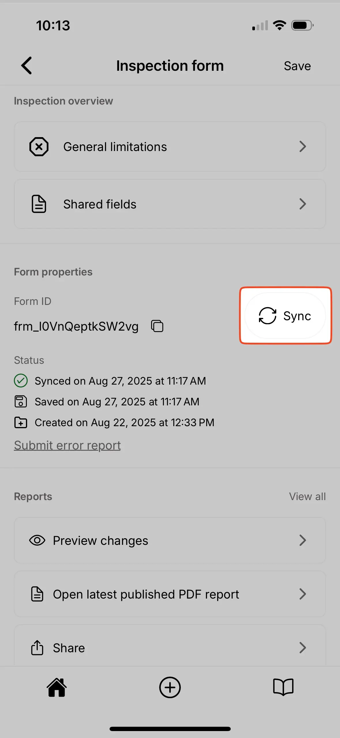 Snyc button in Inspection Form.