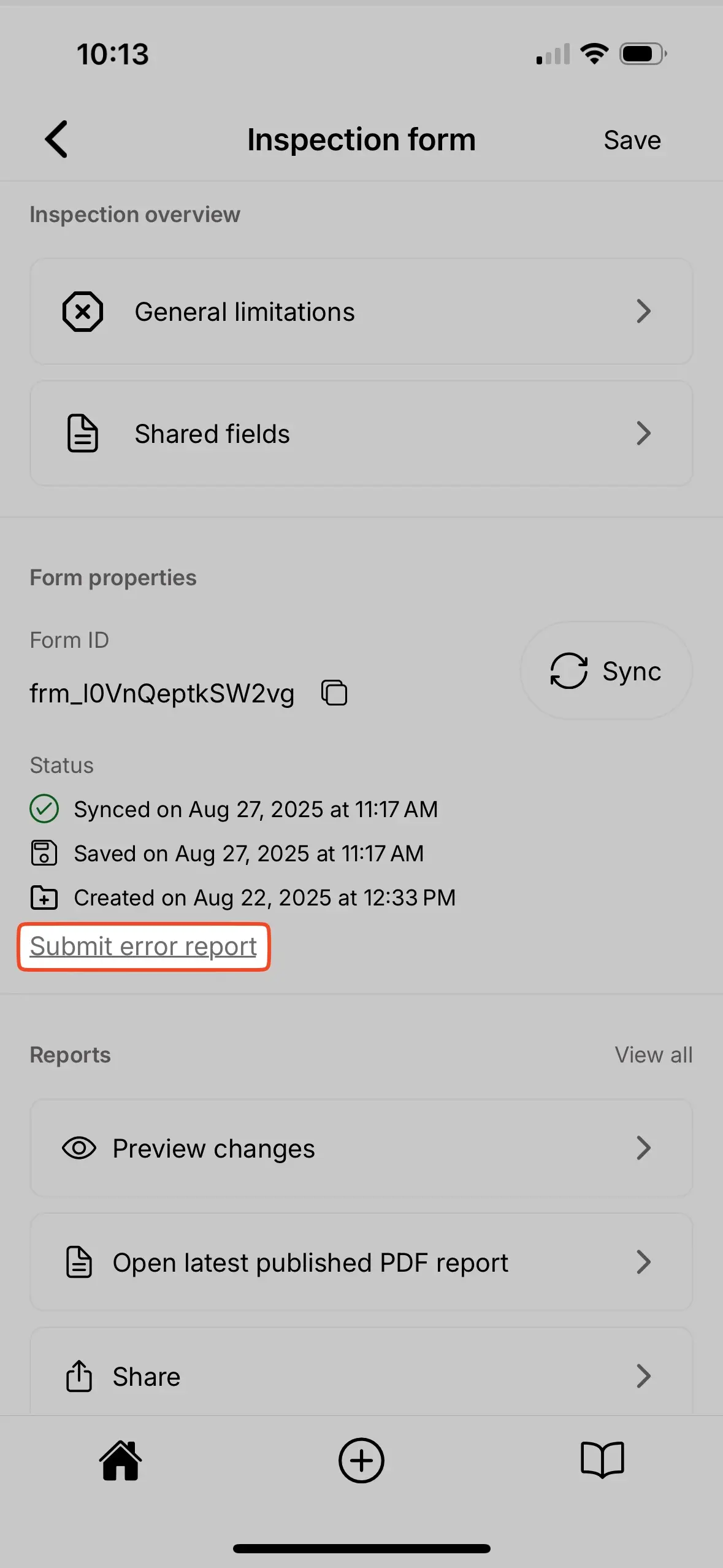 Submit error report button.