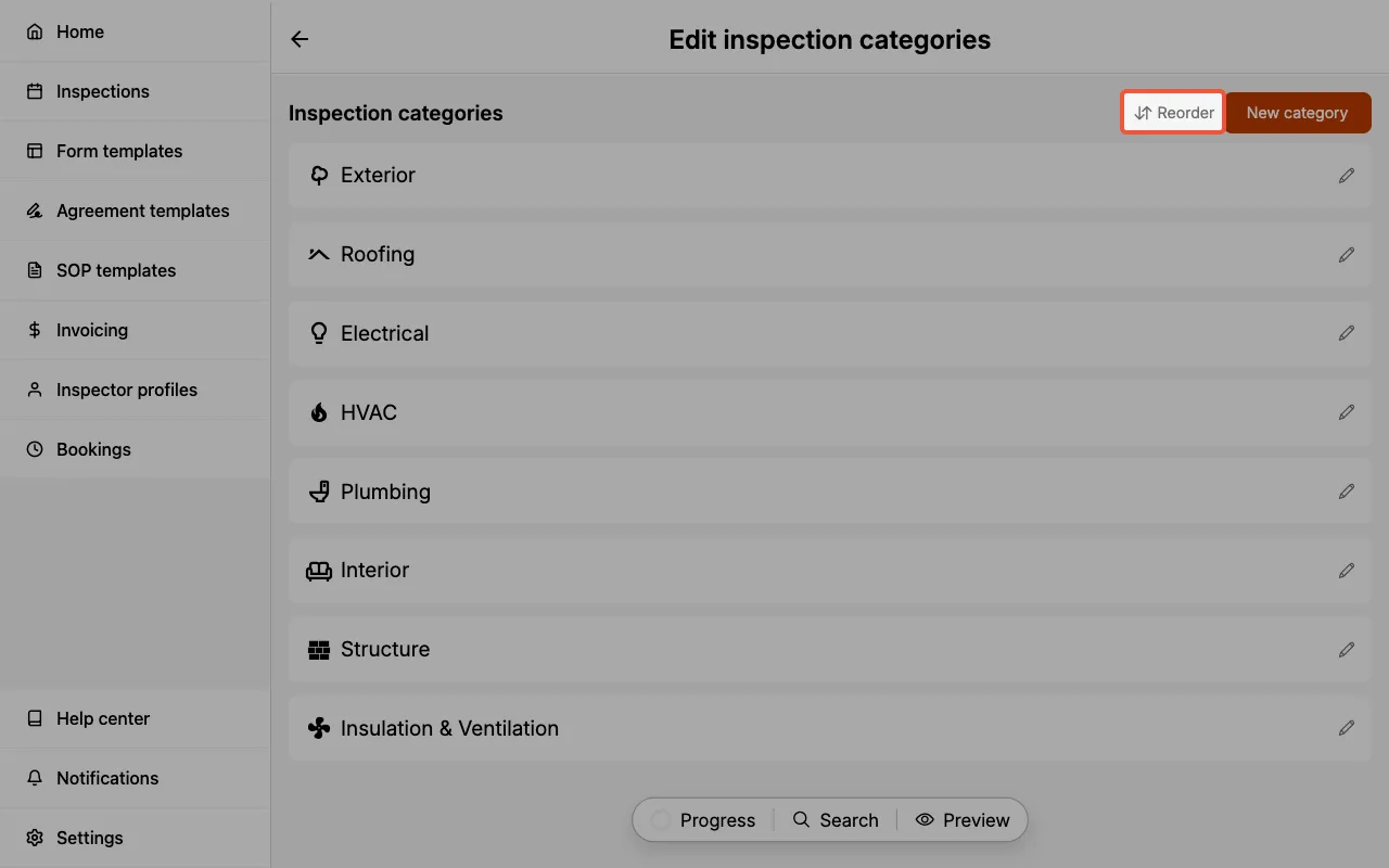 Reordering Inspection Categories.