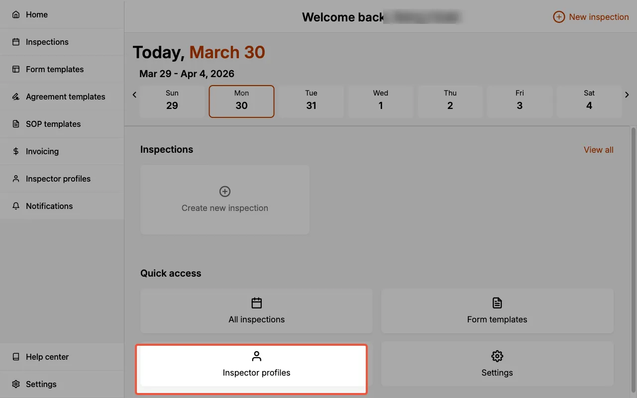 Inspector Profiles card in the Quick Access section on the home page.