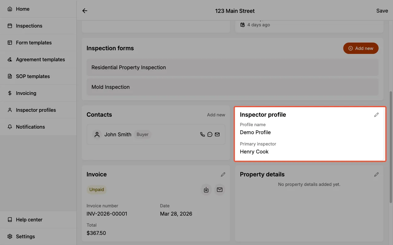 Inspector Profile section on the inspection details page with edit icon.