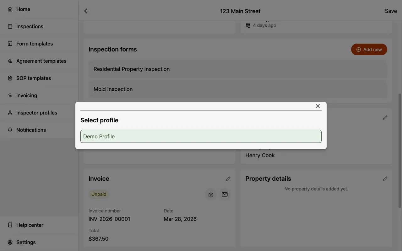 Select profile dialog showing available Inspector Profiles.