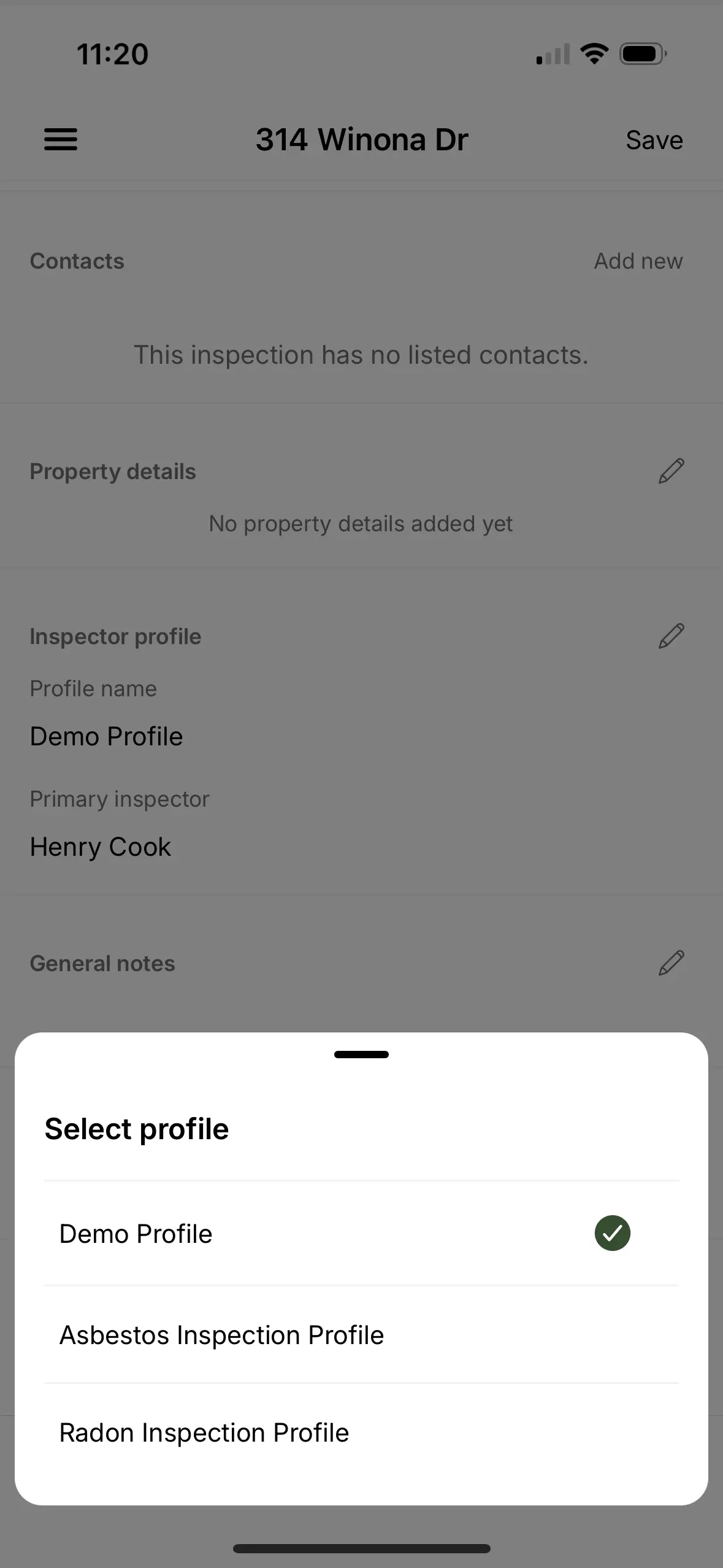 Selecting desired Inspector Profile.