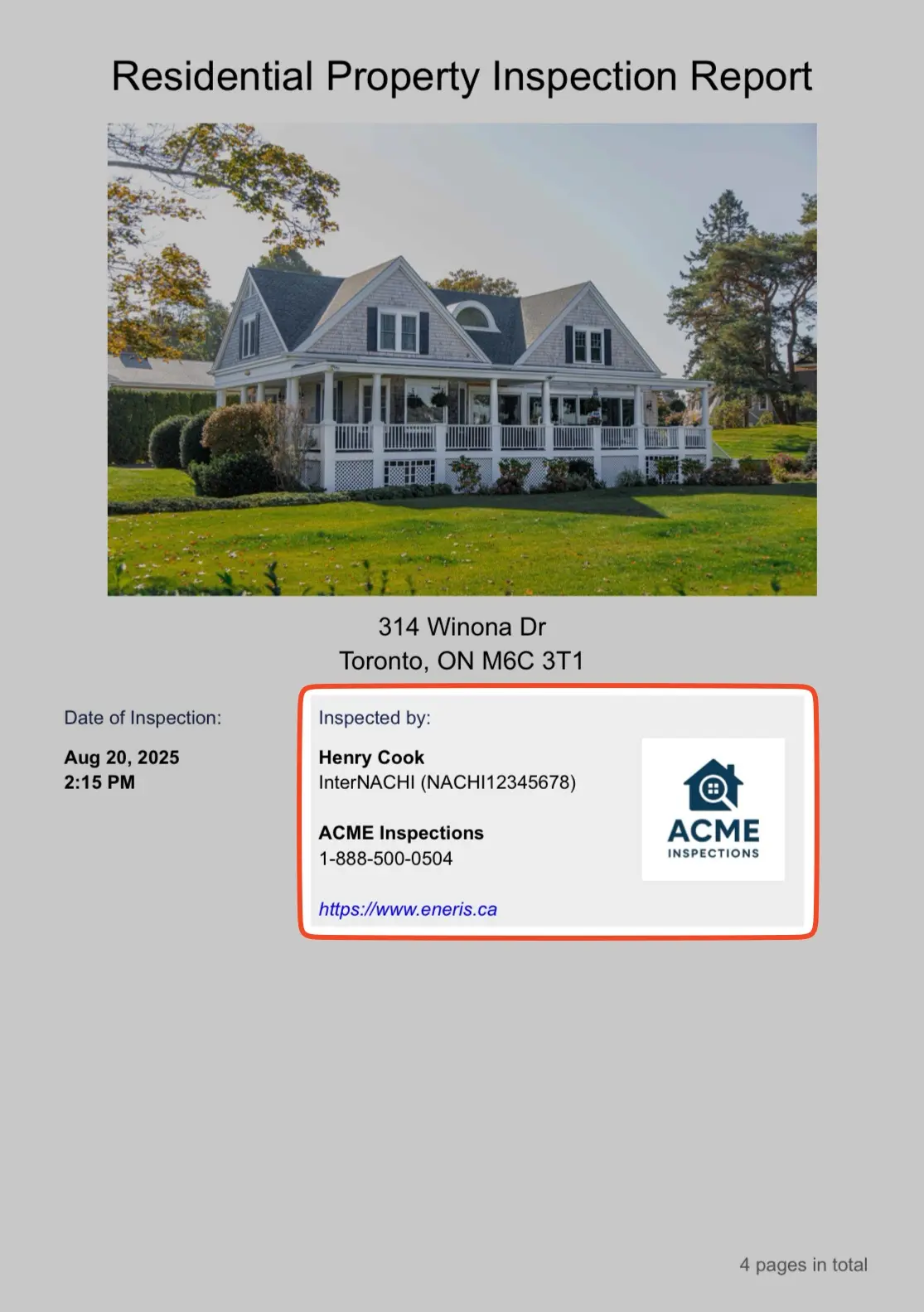 Inspector Profile details on PDF report cover page.