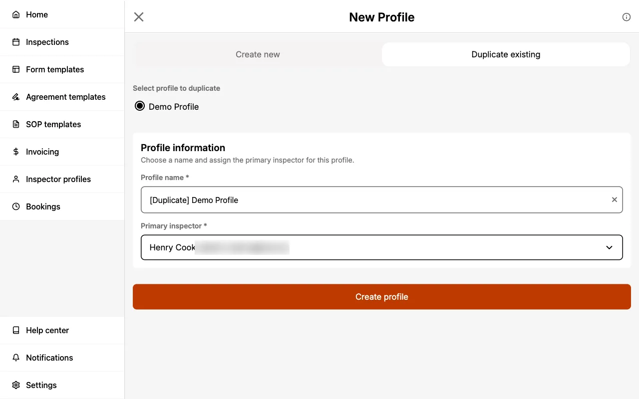 Duplicate existing mode on the New Profile page with a source profile selected.