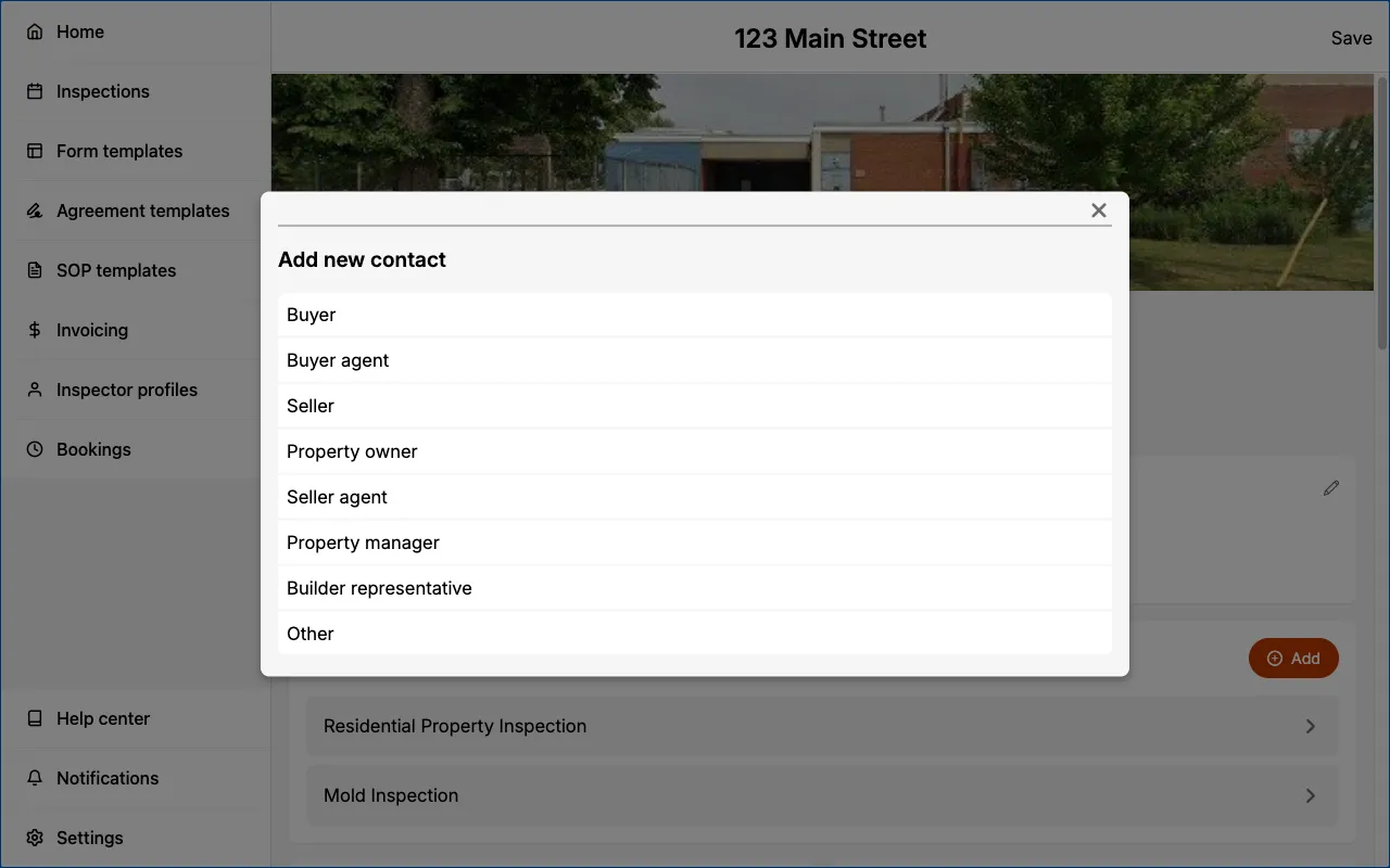 Choosing a contact role when adding a contact.