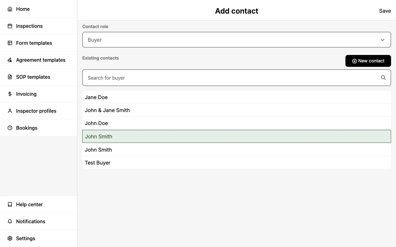 Selecting an existing contact.