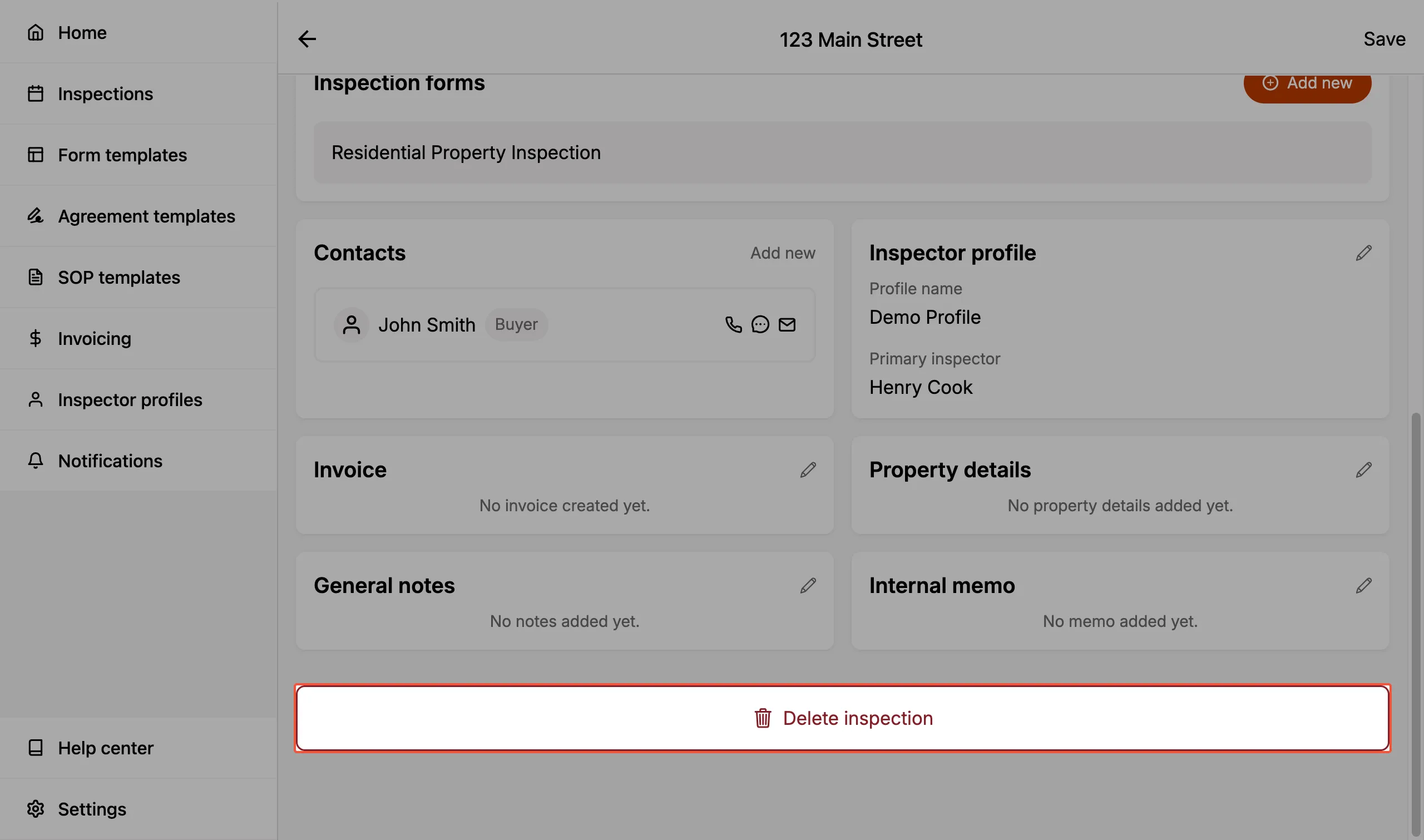 Permanently delete an Inspection.