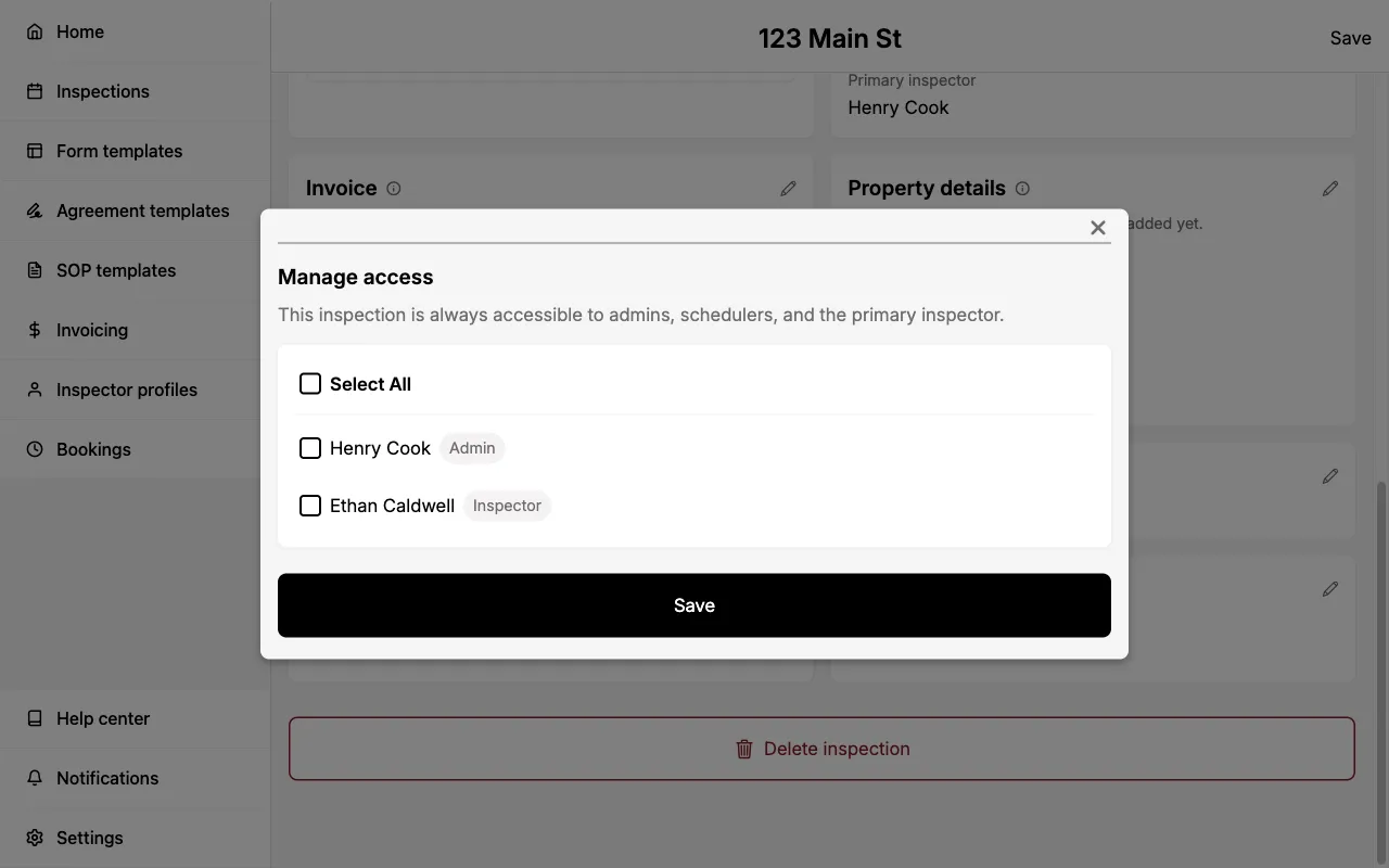 Manage access dialog showing the team members an inspection can be shared with.