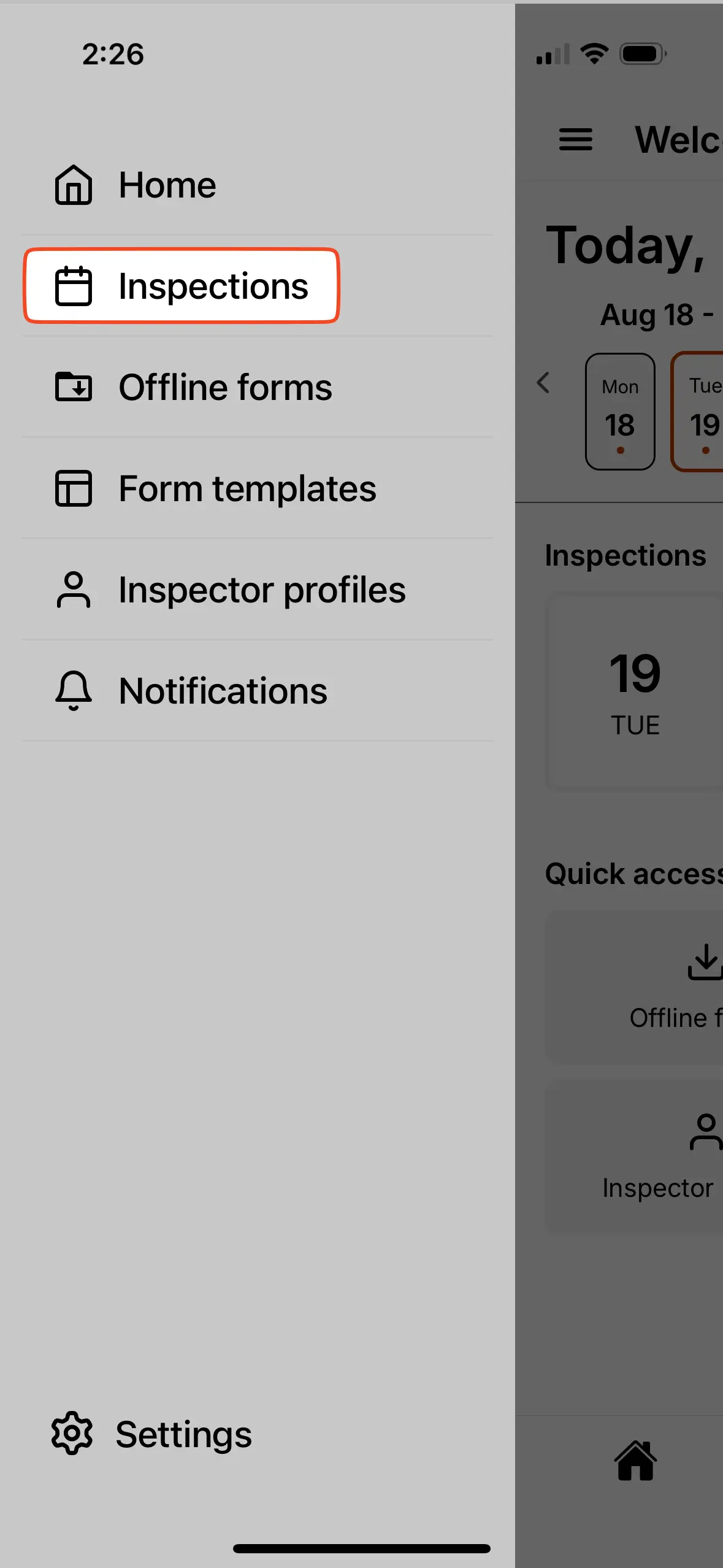 Select the Inspections side menu button.