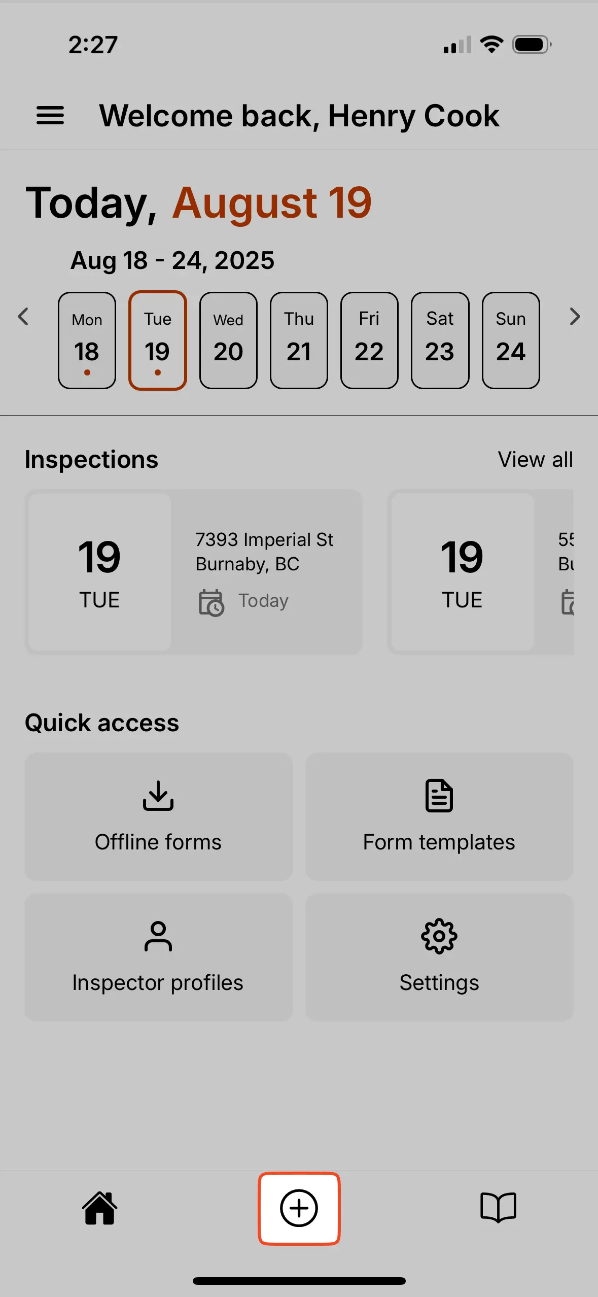 Create new inspection using plus button.
