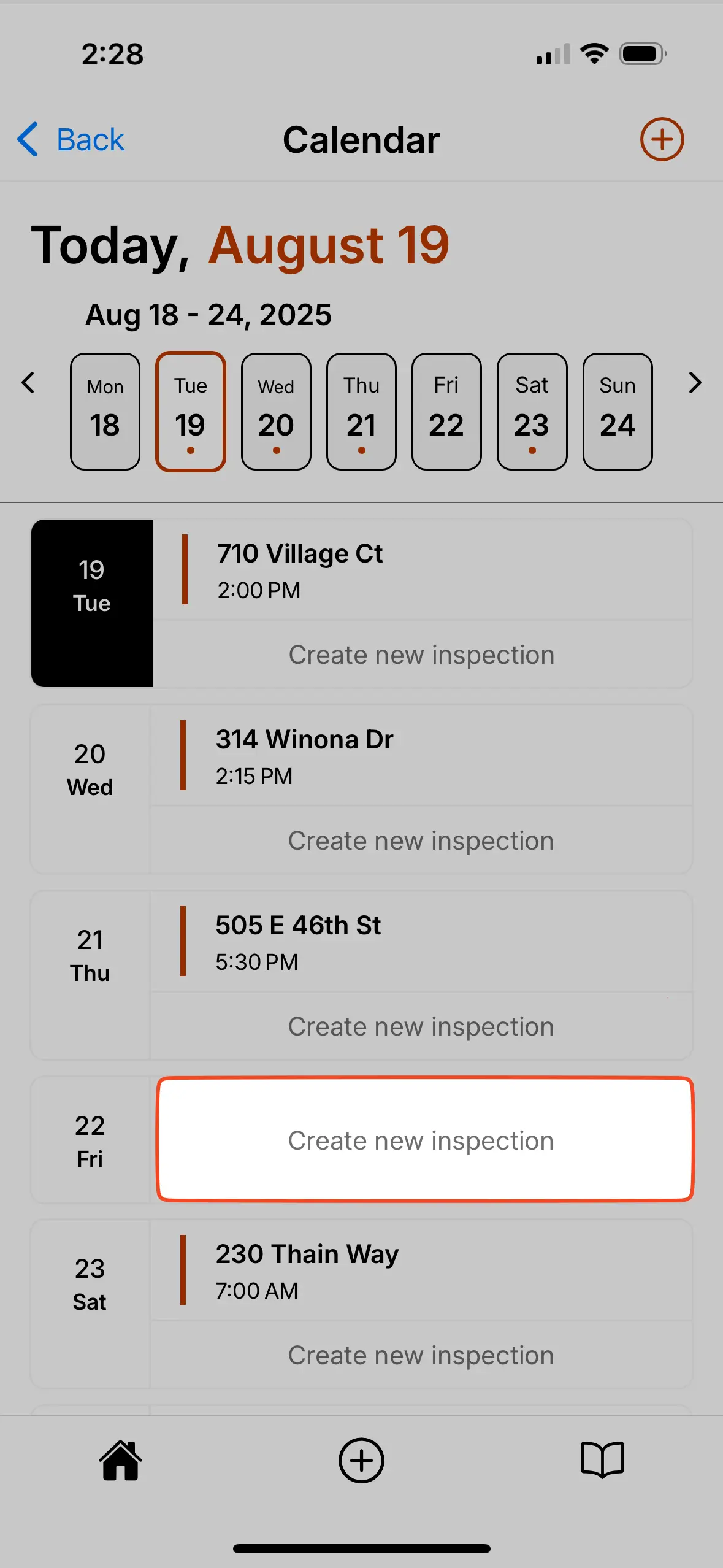 Create new inspection from calendar.
