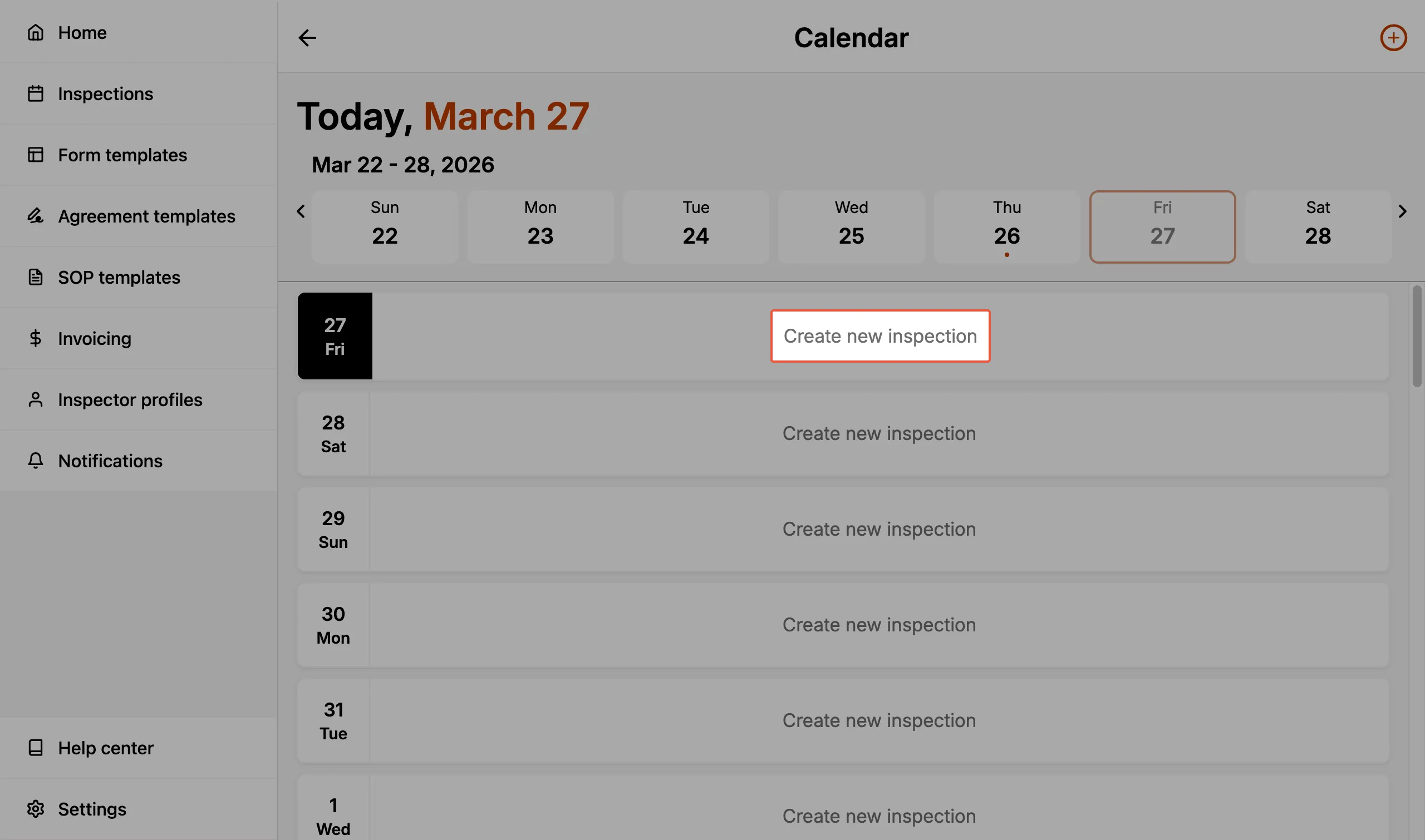 Create new inspection from calendar.