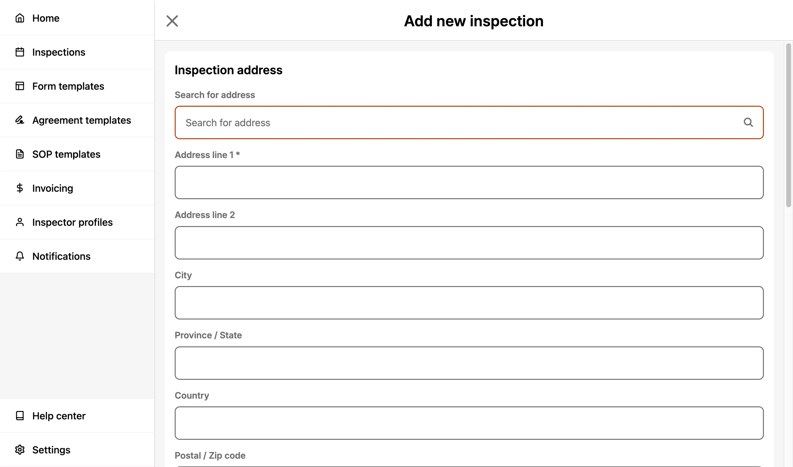 Enter inspection address, time, and other key details.