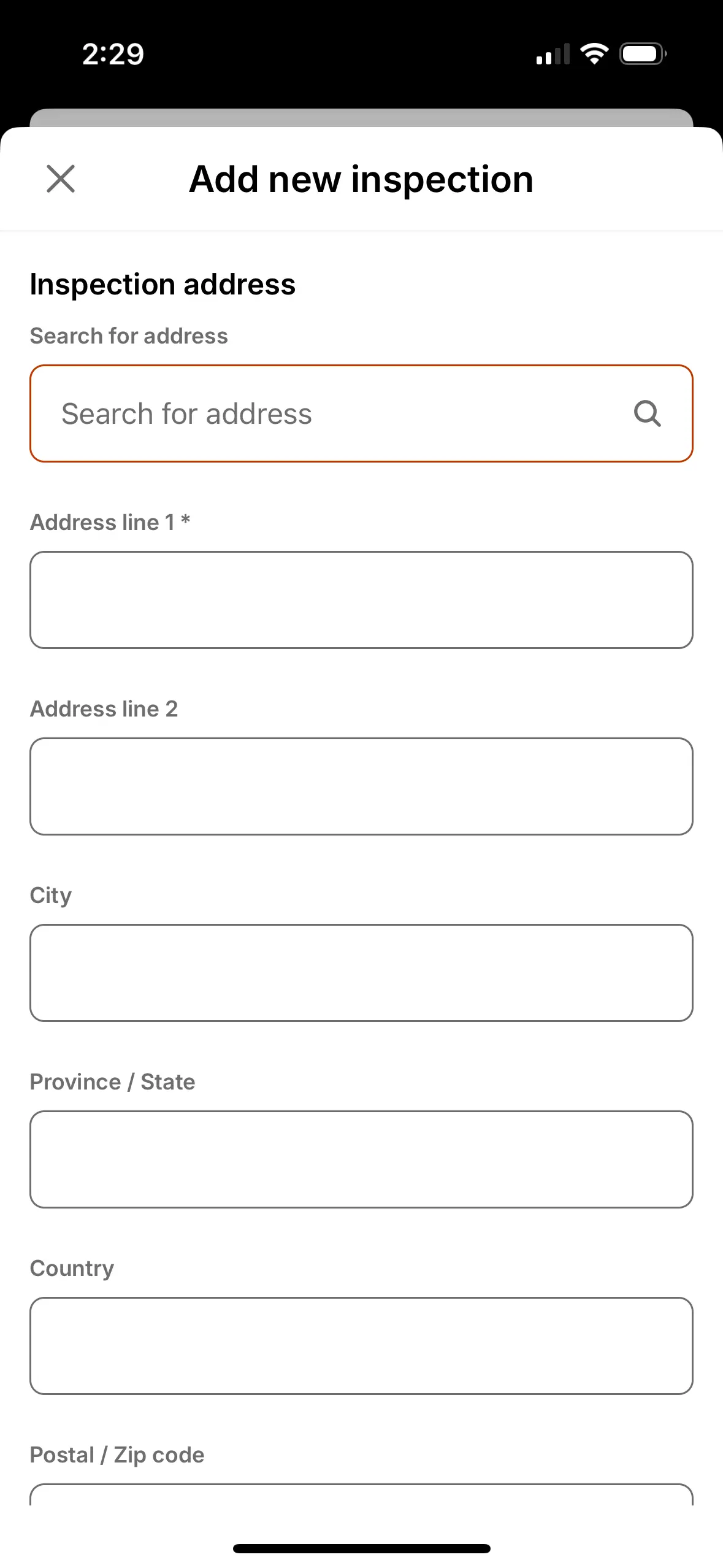 Enter inspection address, time, and other key details.