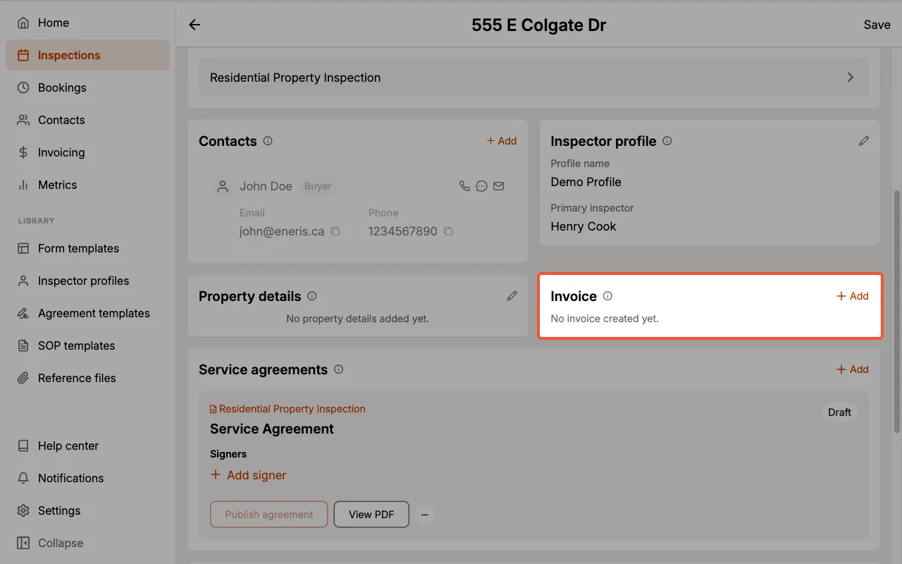 The Invoice card on an inspection before an invoice exists, with the Add button.