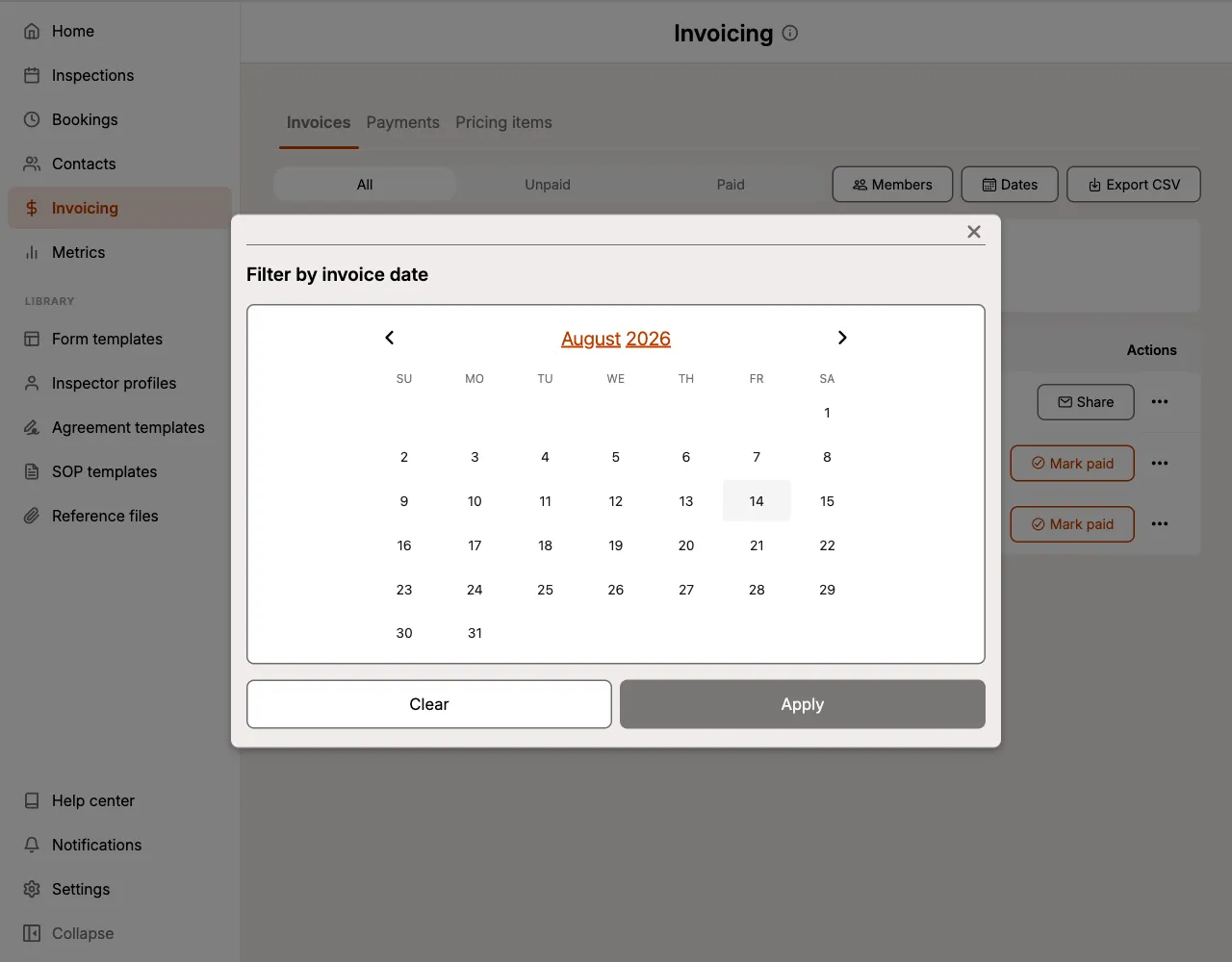 The Filter by invoice date sheet with a calendar, Clear, and Apply.