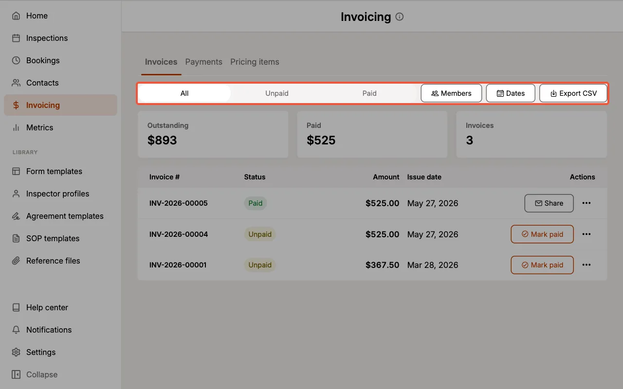 The status filter, Members and Dates filters, and Export CSV button.