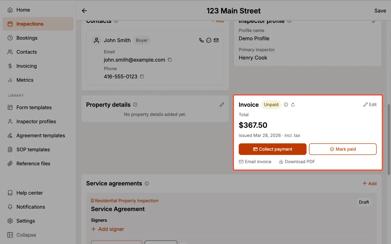 The Invoice card on an unpaid invoice, showing Collect payment and Mark paid with Email invoice and Download PDF below.
