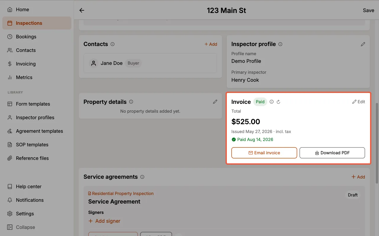 The Invoice card on a paid invoice, showing the paid date with Email invoice and Download PDF.
