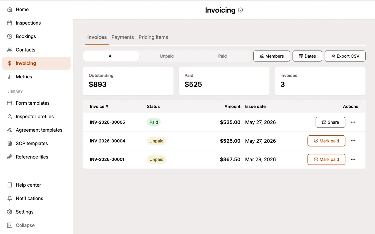 The Invoices tab listing every invoice with its status, amount, and issue date.