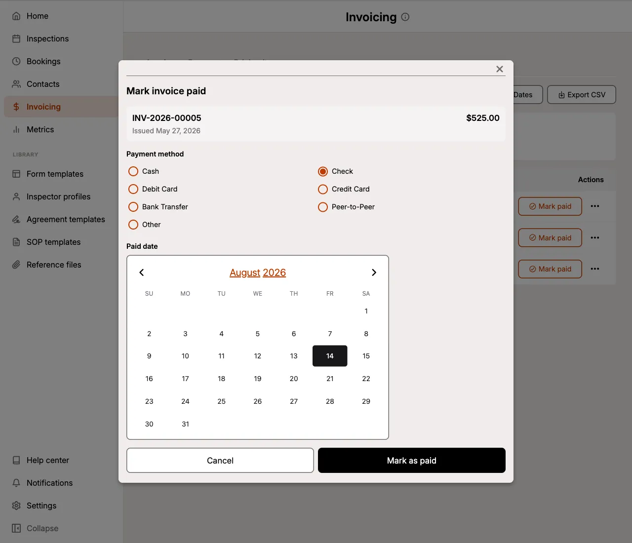 The Mark invoice paid sheet with payment method options and a paid date calendar.
