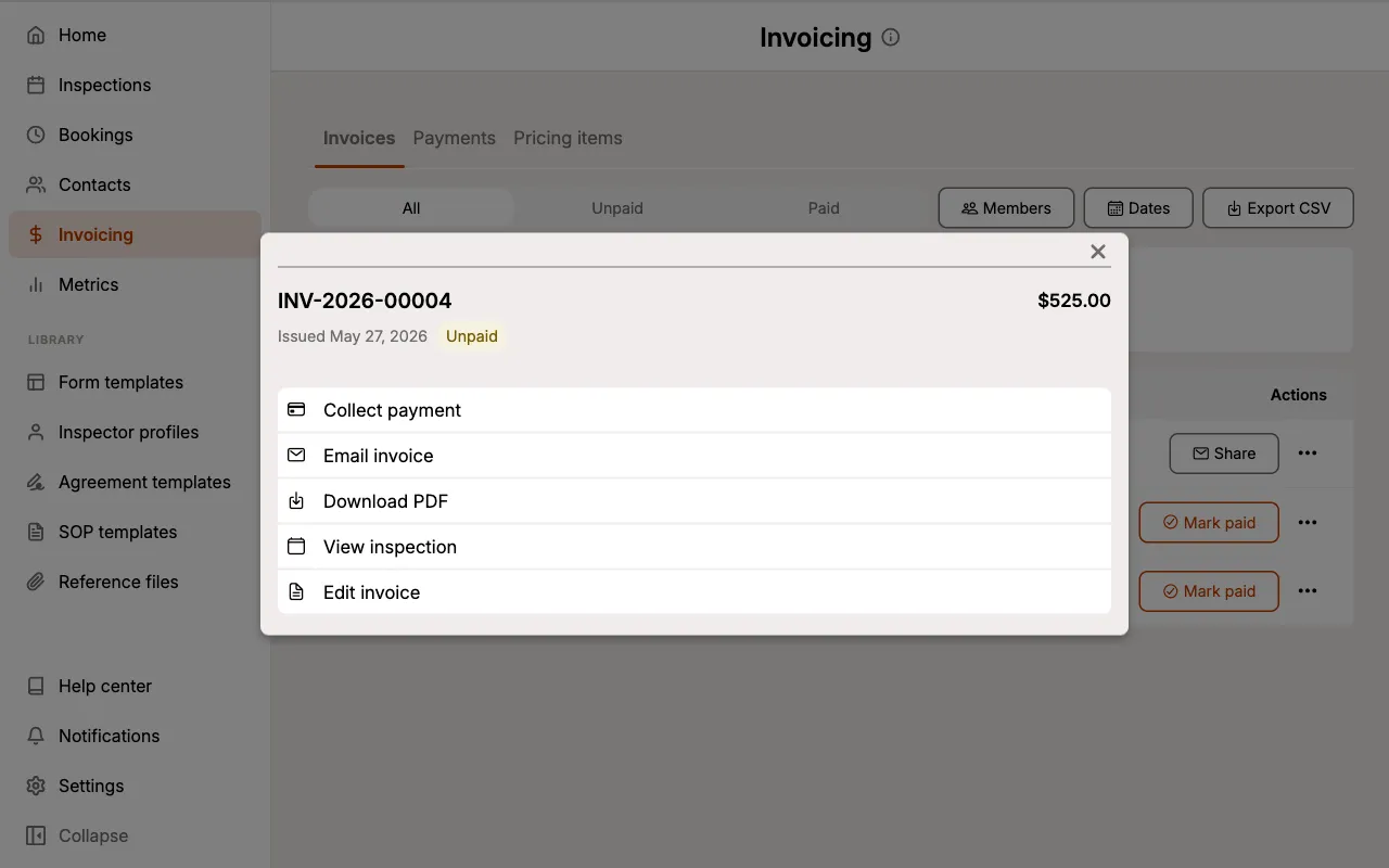 The row actions sheet showing Collect payment, Email invoice, Download PDF, View inspection, and Edit invoice.