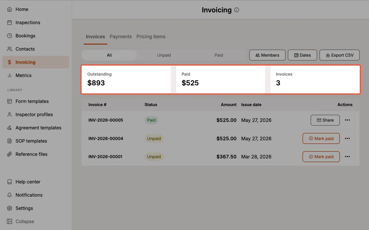 The Outstanding, Paid, and Invoices totals above the invoice list.