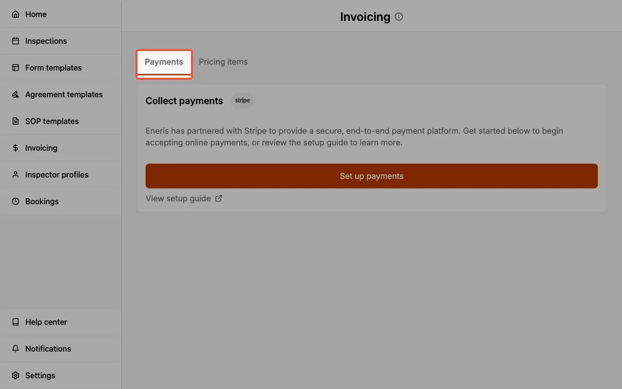 Set up payments from the Payments tab on the Invoicing page.