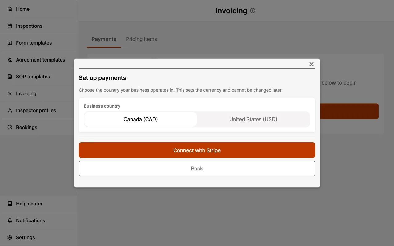 Choosing the business country when setting up payments.